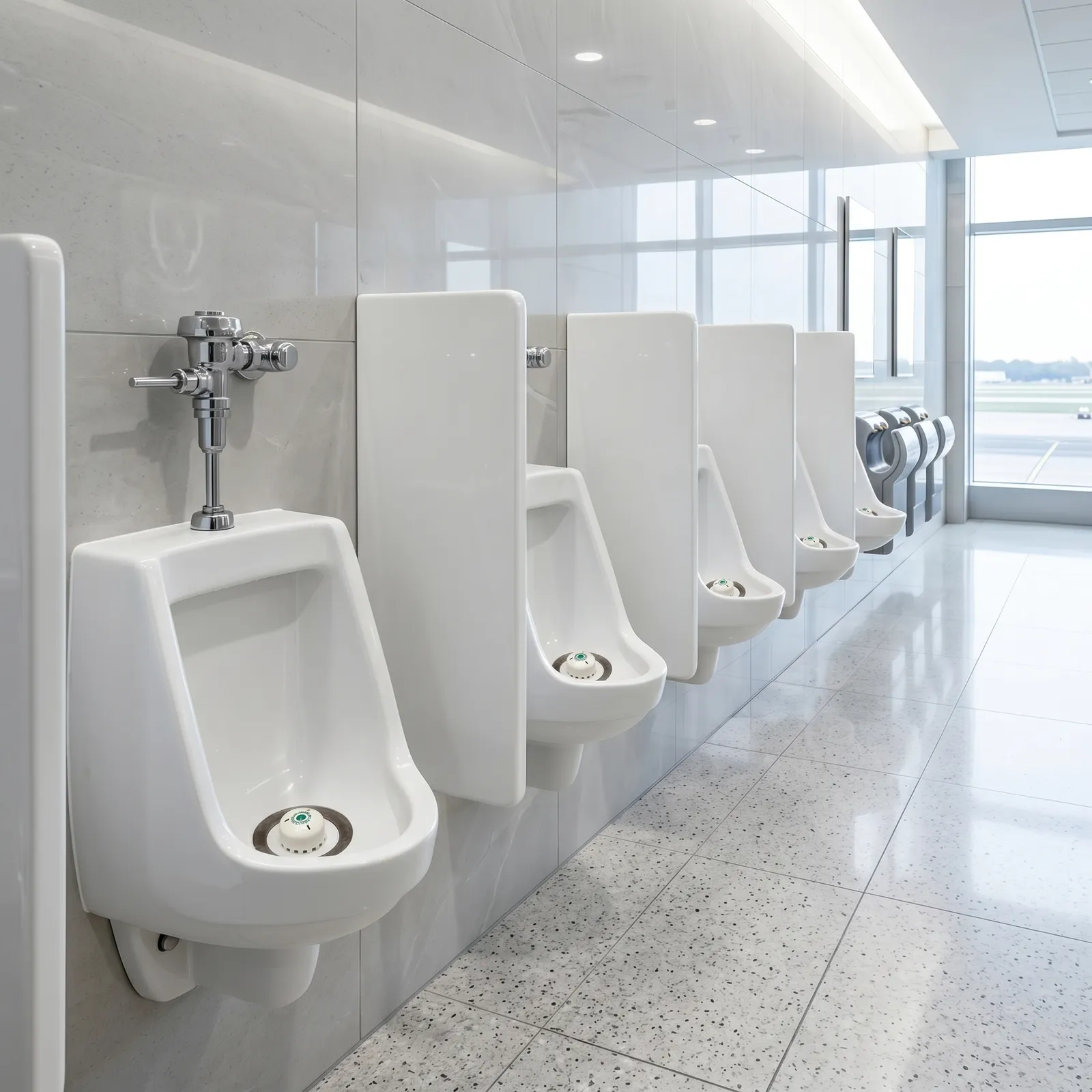 Rij waterloze urinoirs met Ecobug caps in een moderne luchthaven toiletruimte