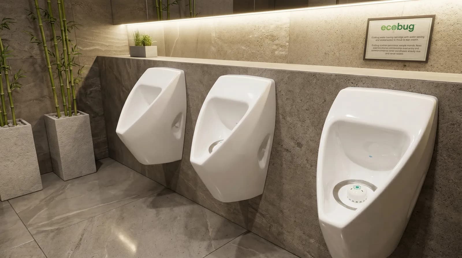 Ecobug waterloze urinoir caps geïnstalleerd in een luxe hotel toiletruimte