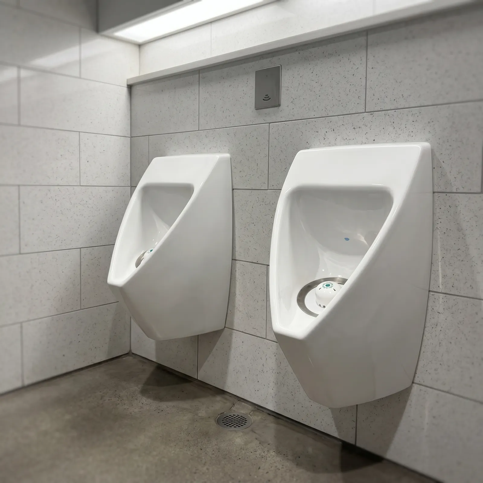 Ecobug waterloze urinoir caps in een schone tankstation toiletruimte