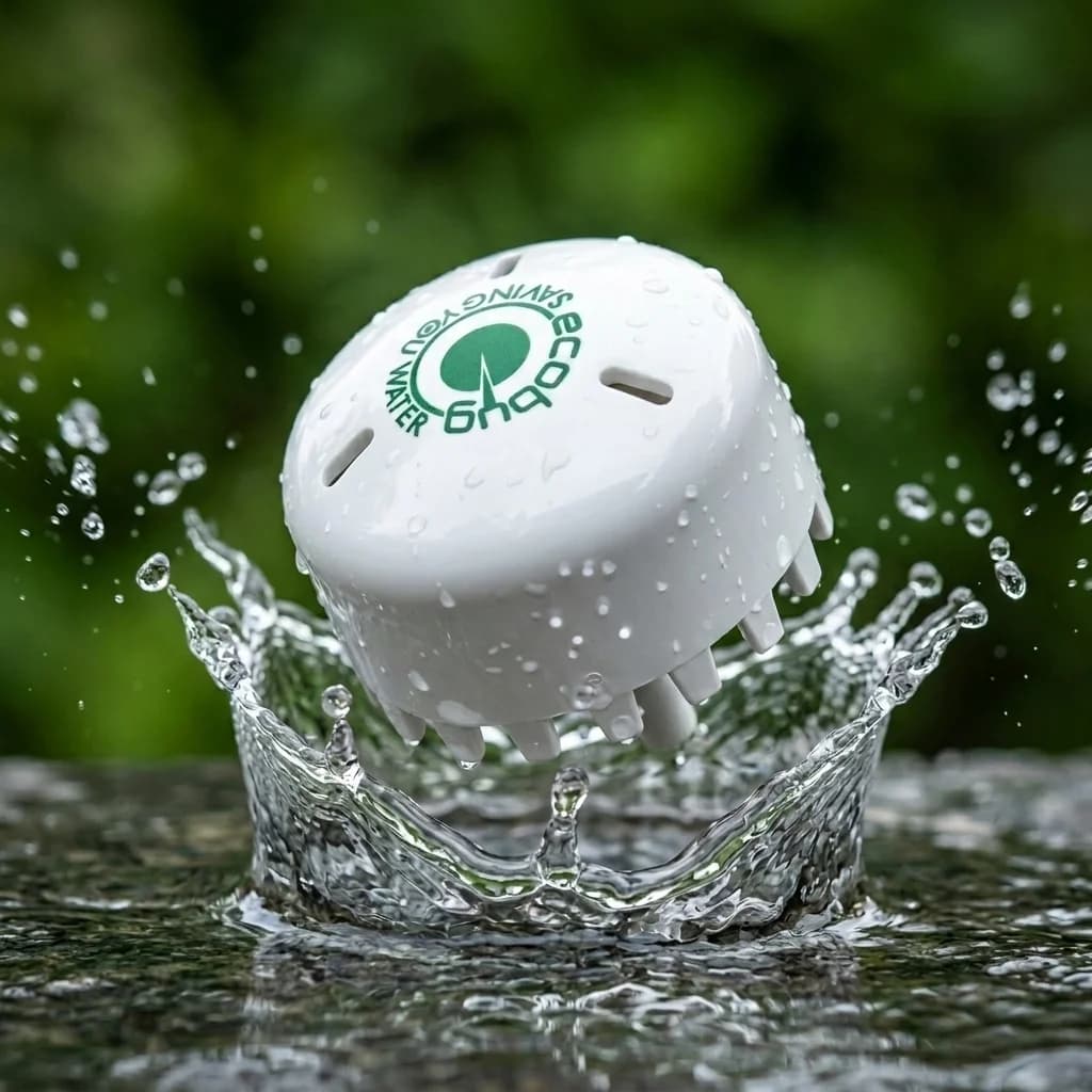 Ecobug waterbesparende urinoir cap boven een opspattende waterkroon tegen een groene achtergrond
