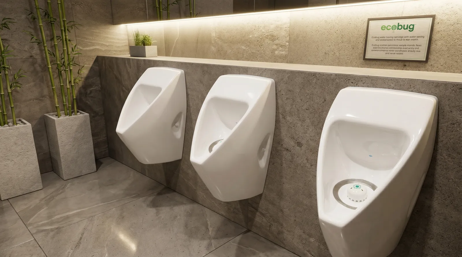 Ecobug® waterloze urinoir caps geïnstalleerd in een luxe hotel toiletruimte