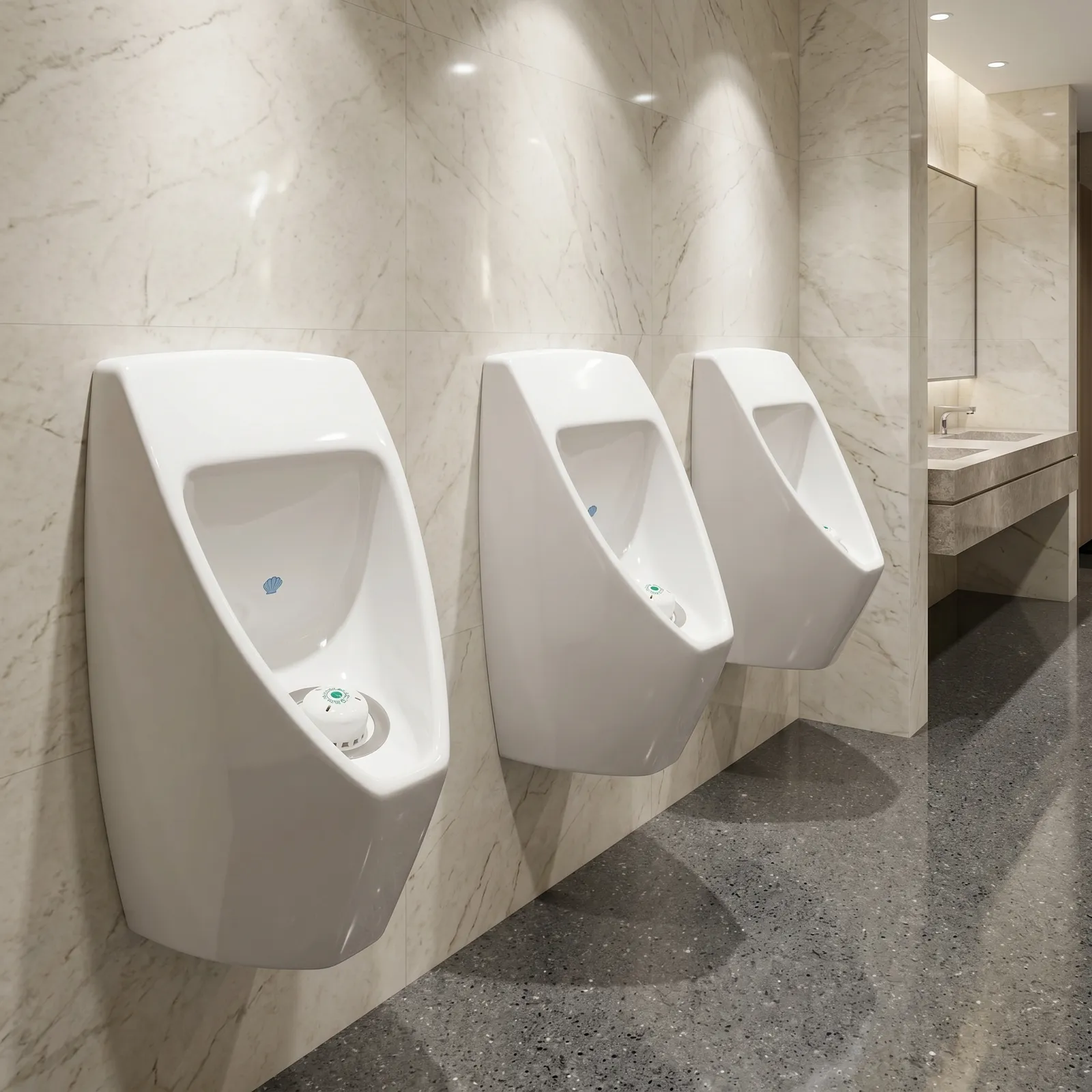 Waterbesparende urinoirs met Ecobug® caps in een luxe winkelcentrum toiletruimte
