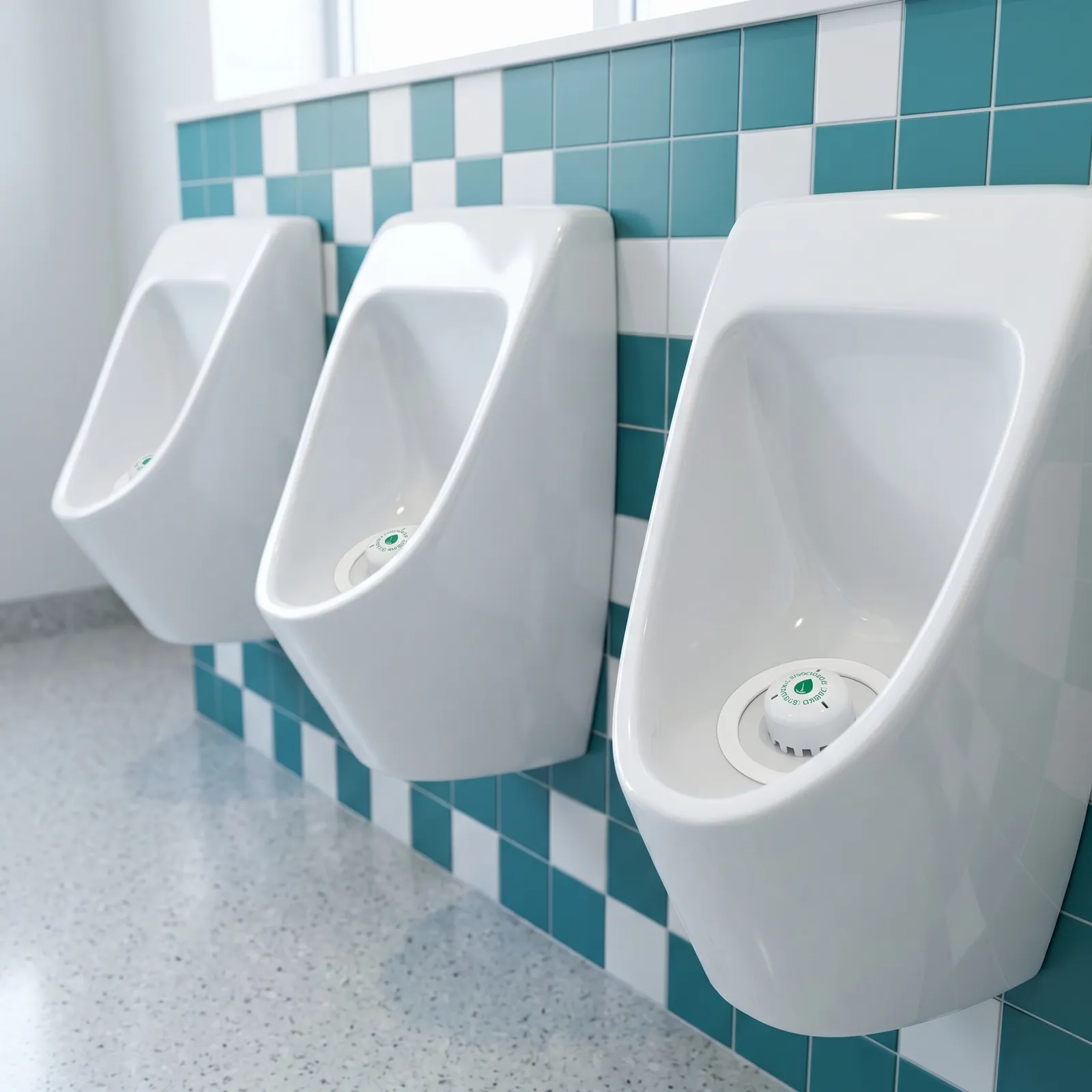 Ecobug® waterloze urinoir caps in een universiteit toiletruimte