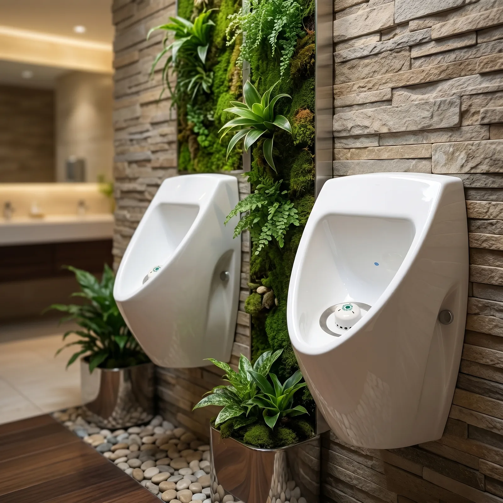 Ecobug® waterbesparende urinoir caps in een groene wellness spa toiletruimte